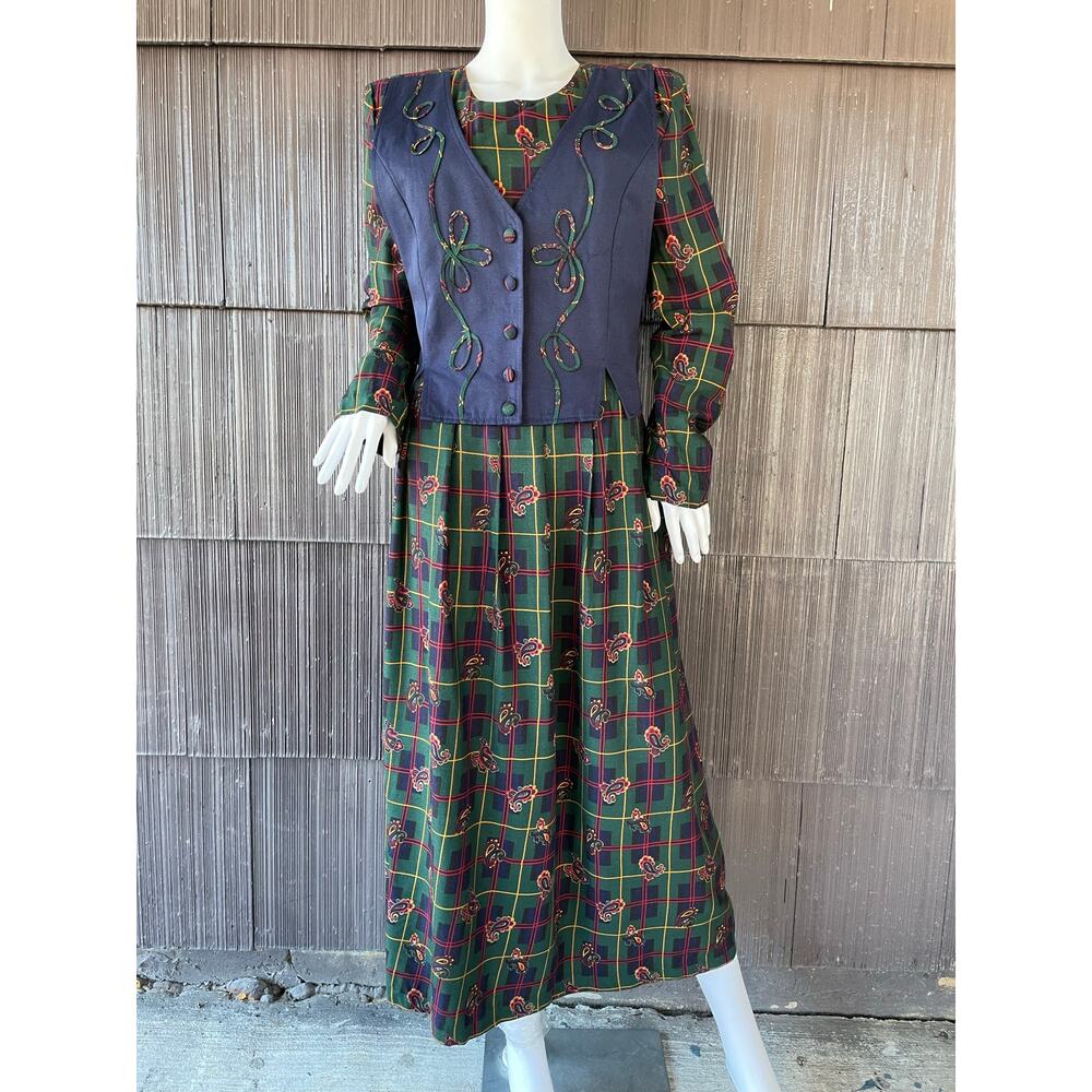 🔥Vintage Miss Dorby Paisley Plaid Vested Midi Dress Cottagecore Modest Academia